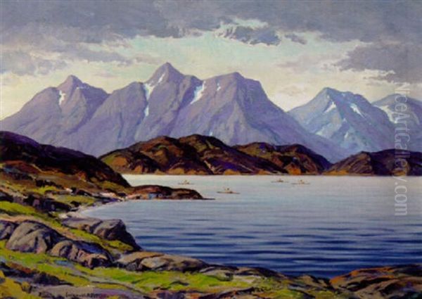 Kystparti Med Fire Kajakroere, Gronland Oil Painting by Emanuel A. Petersen