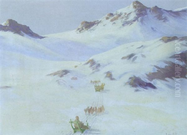 Snedaekket Landskab Med Hundeslaeder Oil Painting by Emanuel A. Petersen