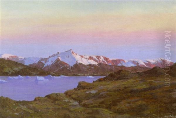 Sol Over Tinderne Ved Kilertinauit Umanakhorden Oil Painting by Emanuel A. Petersen