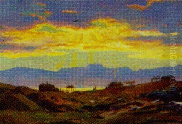 Solnedgang Over Fangerhytter Ved Gronlandsk Fjord Oil Painting by Emanuel A. Petersen