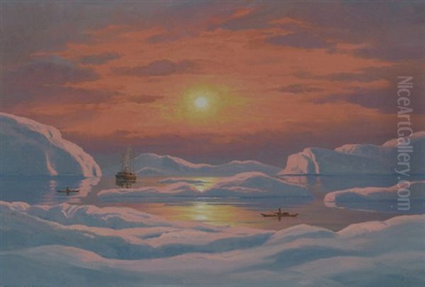 Dampskib Og Kajakroere Mellem Isbjerge Ved Solnedgangstide Oil Painting by Emanuel A. Petersen