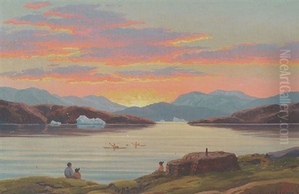 Kystparti Med Gronlaendere, Der Ser Ud Over Fjorden Ved Solnedgangstide Oil Painting by Emanuel A. Petersen