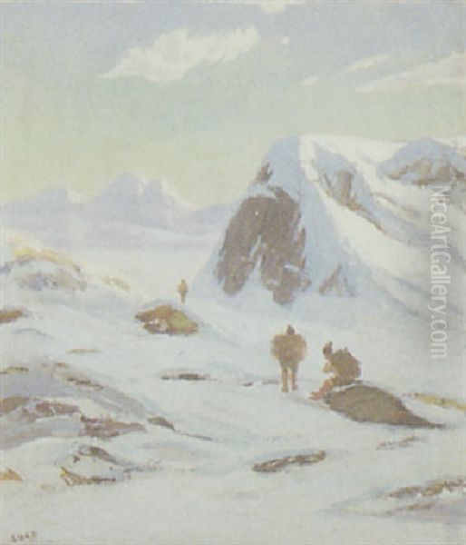 Motiv Fra Gronland Med Tre Personer Der Baerer Ved Oil Painting by Emanuel A. Petersen