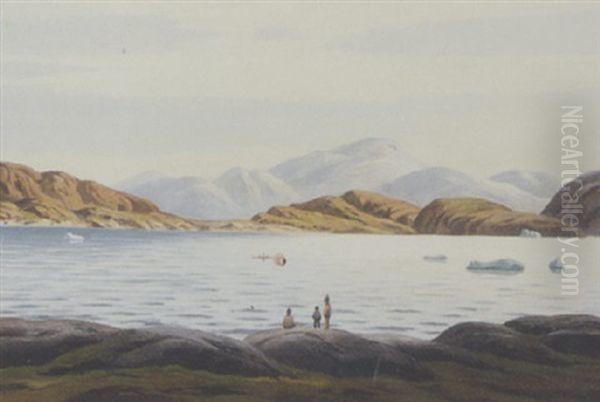 Parti Fra Gronland Med Fanger I Kajak Samt Personer Pa Stranden Oil Painting by Emanuel A. Petersen