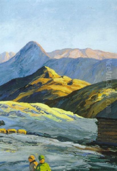 Gronlandsk Landskab Med Bygninger, I Forgrunden To Personer Oil Painting by Emanuel A. Petersen