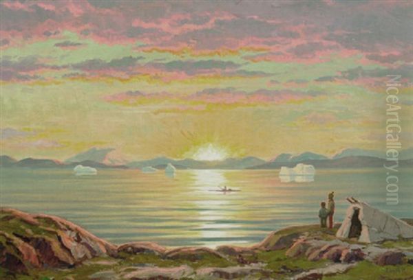 Solnedgangsstemning Ved En Gronlandsk Kyst Oil Painting by Emanuel A. Petersen