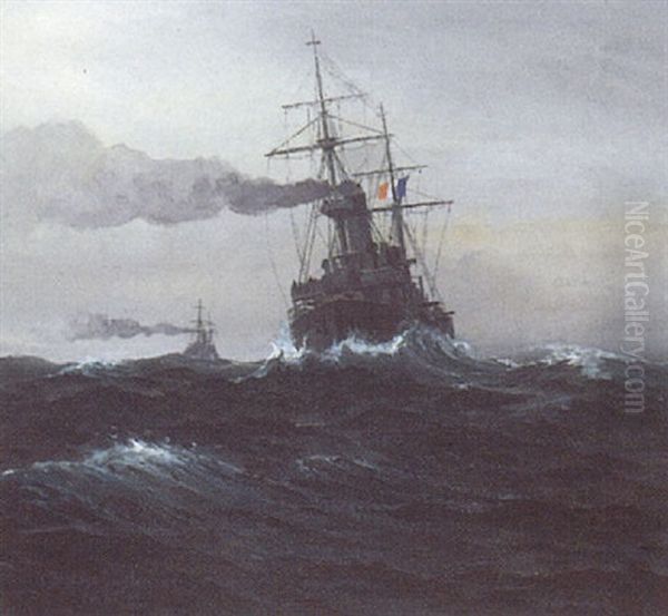 Marine Med Sejlskibe I Biscaya Bugten Oil Painting by Emanuel A. Petersen