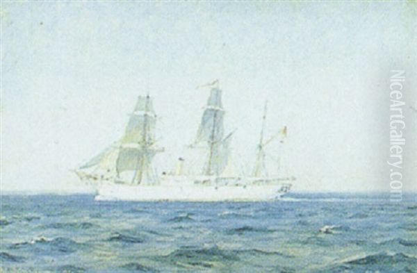 Marine, Skonnerten Ingolf Pa Havet Oil Painting by Emanuel A. Petersen