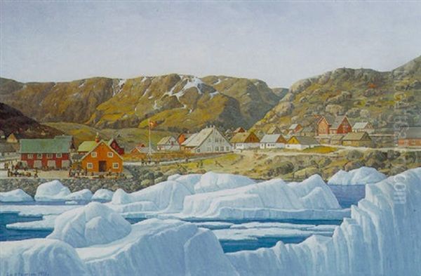 Udsigt Over Gronlandsk Bygd Med Talrige Personer Oil Painting by Emanuel A. Petersen