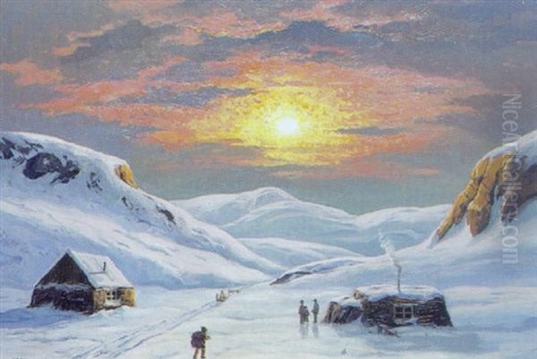 Gronlandsk Boplads Med Solnedgangsstemning Oil Painting by Emanuel A. Petersen