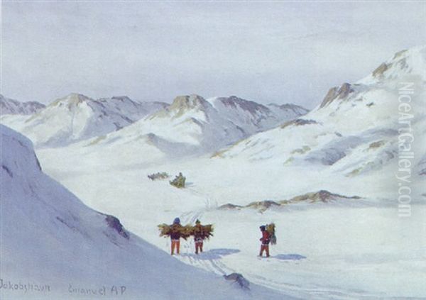 Gronlaenderinder I Fjeldet Oil Painting by Emanuel A. Petersen