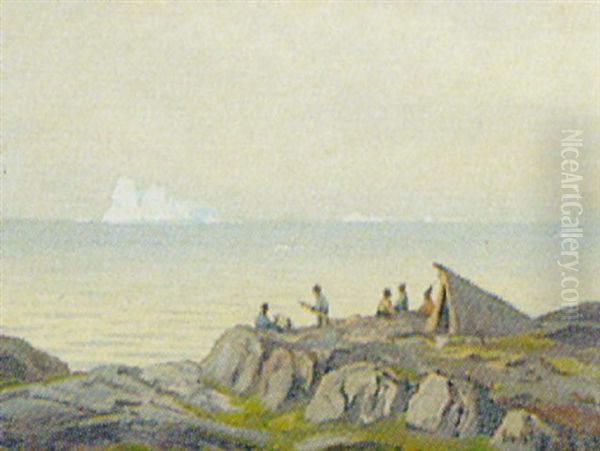 Gronlandsk Kystparti Med Fangerfamilie Foran Telt Oil Painting by Emanuel A. Petersen