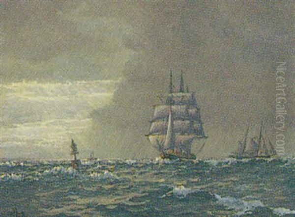 Marine, Sejlskibe Pa Havet, Uvejrsstemning Oil Painting by Emanuel A. Petersen