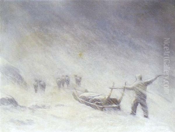 Gronlandsk Hundeslaede I Strid Snestorm Oil Painting by Emanuel A. Petersen