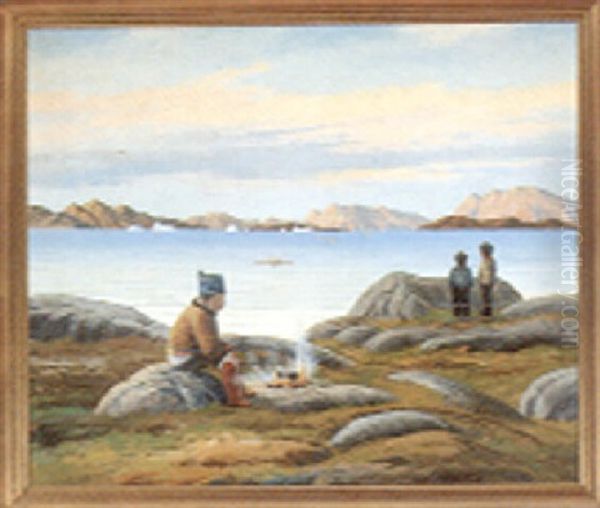 Motiv Fra Gronland, Med Personer Der Betragter Kajakroere Oil Painting by Emanuel A. Petersen