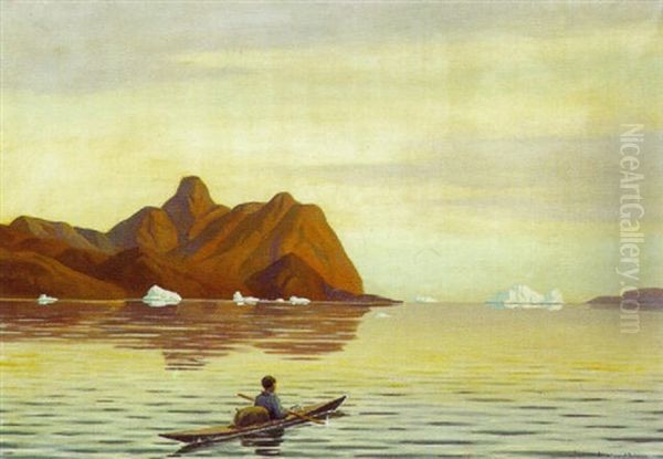 Kajakmand. Godthaabsfjorden. Gronland Oil Painting by Emanuel A. Petersen