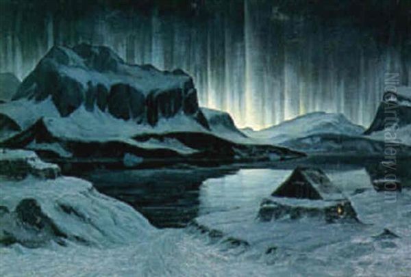 Nordlys Over Gronlandsk Bygd Oil Painting by Emanuel A. Petersen