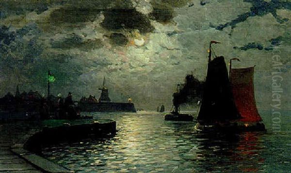 A Moonlit Harbor, Angelr Oil Painting by H. Petersen