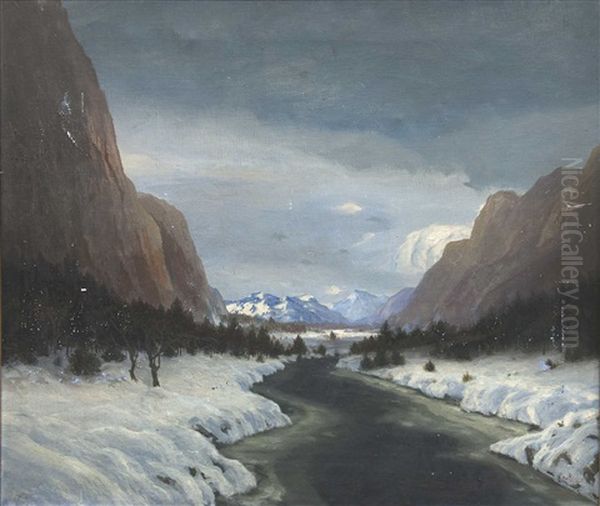 Gebirgsfluss In Der Winterlichen Landschaft. 108 X 92 Cm Oil Painting by Hans von Petersen