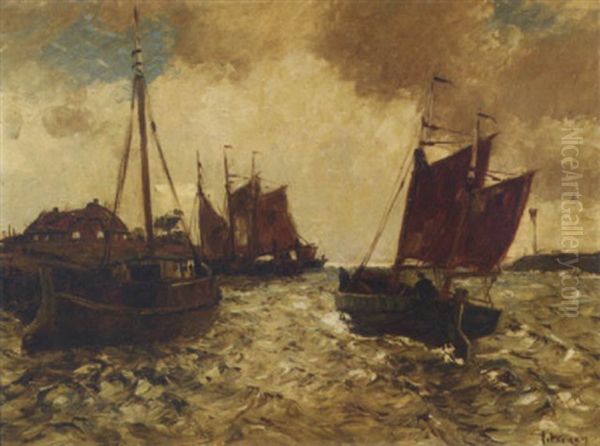 Shipping In A Harbour Entrance Oil Painting by Hans von Petersen