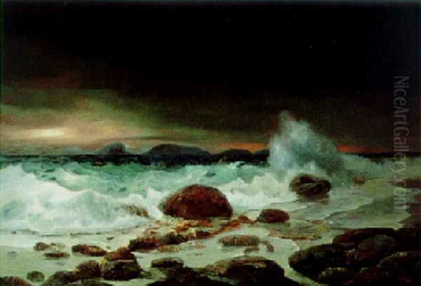 Nachtlicher Sturmhimmel Uber Einem Kustenwasser Am Felsigen Strand Oil Painting by Hans von Petersen