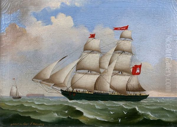 Scheepsportret Van Een Tweemaster. Met Notitie: Gefuhrt Von Capt: J. Stolzenberg Oil Painting by Heinrich Andreas Sophus Petersen