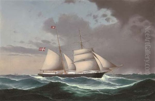 The Danish Brigantine "adolph" Under Reduced Sail And Heading Into Stormy Weather (collab. W/pieter Christian Holm) Oil Painting by Heinrich Andreas Sophus Petersen