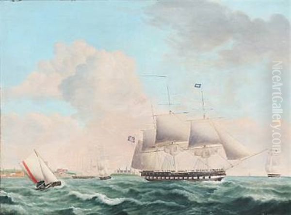 A British Barque On Helsingor Roadstead, Denmark Oil Painting by Jakob Petersen