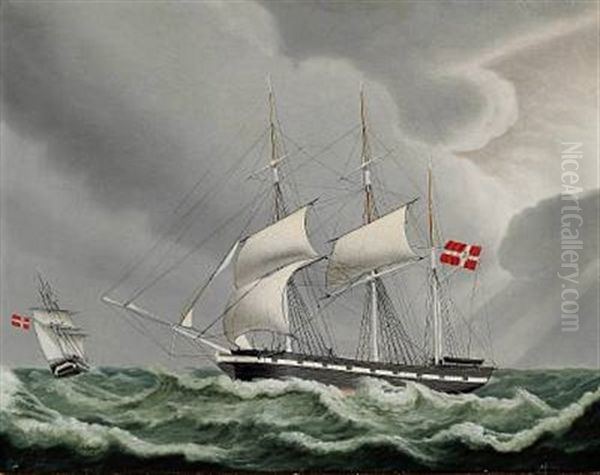 A Danish Bark In Rough Sea Oil Painting by Jakob Petersen