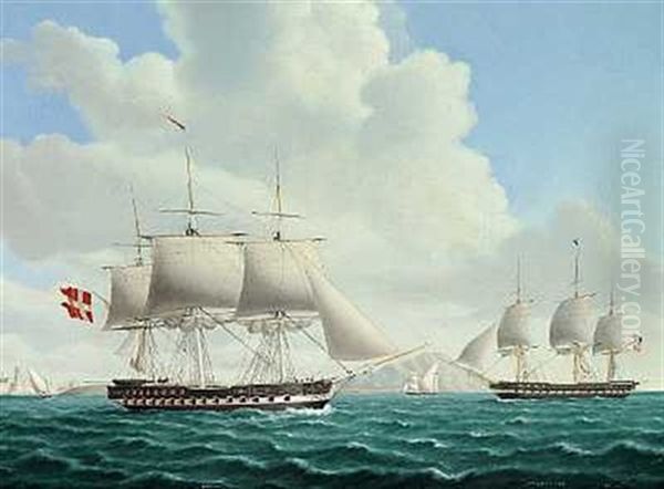 Den Danske Fregat "barham" Og Den Amerikanske Fregat "constitution" (ud For Kysten Ved Gibraltar?) Oil Painting by Jakob Petersen