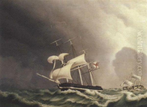 A British And A Danish Frigate Under Reduced Sail In Heavy Seas Oil Painting by Jakob Petersen