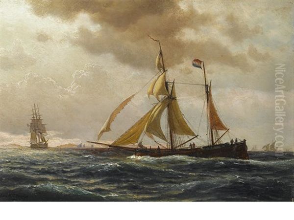 A Merchant Brig In A Rough Sea Oil Painting by Johann Erik Christian Petersen