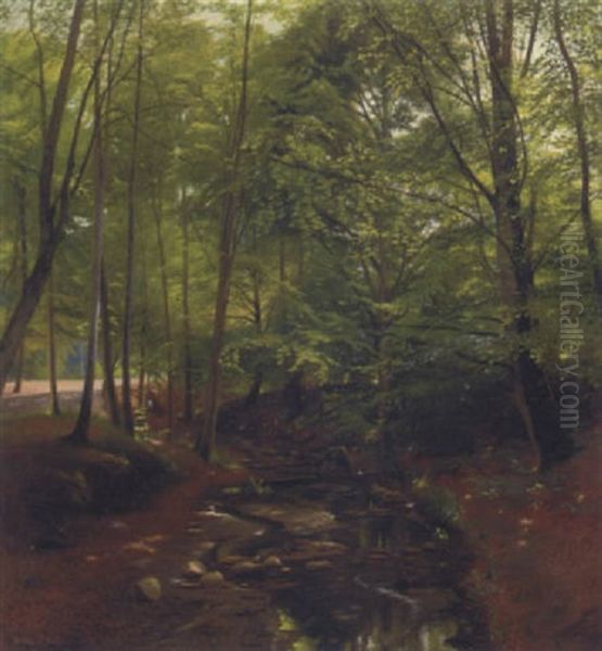 A Stream Running Through A Woodland Glade Oil Painting by Julius Petersen