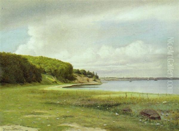 Traeklaedte Skraenter Ned Til En Fjord, I Baggrunden By (arhus?) Oil Painting by Julius Petersen