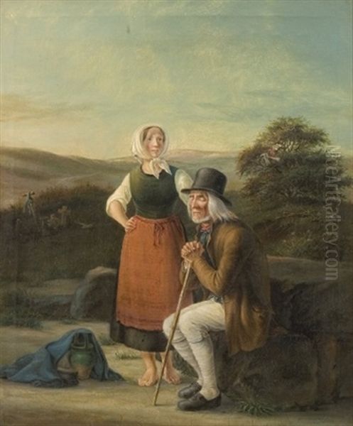 Landskab Med Blind Mand Og Bondepige Ved Sankt Helene Kilde I Tisvilde Oil Painting by Julius Magnus Petersen