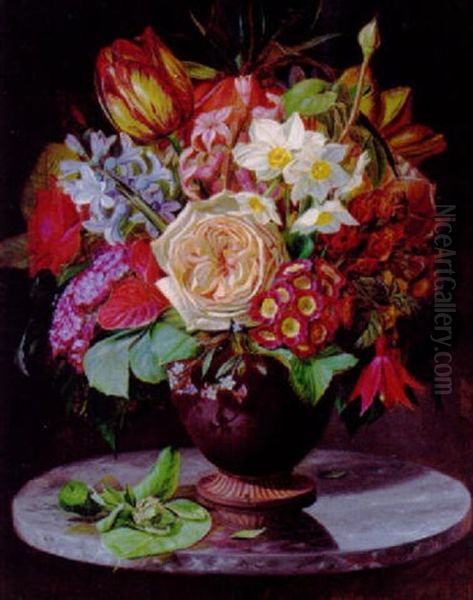 Broget Buket Af Roser, Tulipan, Hyacinter, Syrener Og Fuchsia I En Vase Pa Et Marmorbord Oil Painting by Sofus Petersen