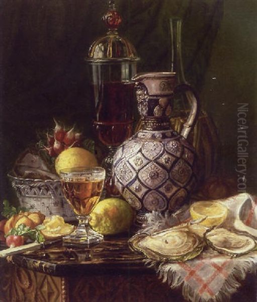 Opstilling Med Osters, Citroner, Radisser, Stentojskande, Glas Og Musselmalet Skal Oil Painting by Sofus Petersen