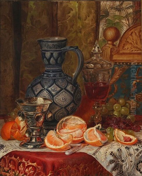 Still Life With Fruit And Wine On A Table Oil Painting by Sophus Petersen