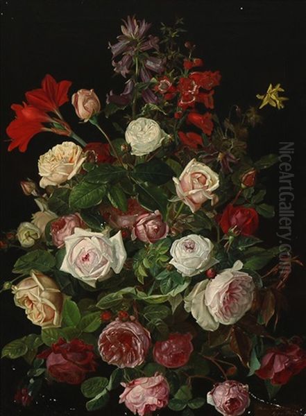 Still Life With A Bouquet Of Roses, Amaryllis And Digitalis Oil Painting by Sophus Petersen