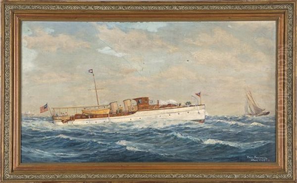 A White-hulled Steamship Off The Coast Oil Painting by Thomas F. Petersen