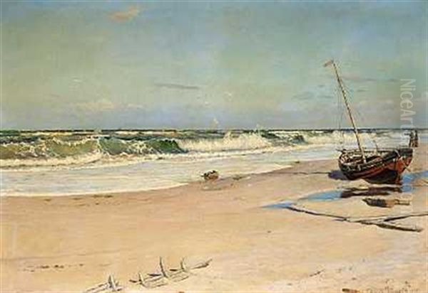 Et Strandparti Med To Fiskere, Der Skuer Ud Over Vesterhavet Oil Painting by Thorolf (Frederik Paludan-Mueller) Petersen