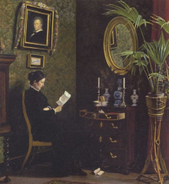 Klunketidsinterior Med Dame, Der Laeser Et Brev Oil Painting by Thorolf (Frederik Paludan-Mueller) Petersen