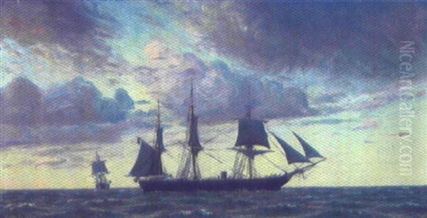 Marine, Sejlskibe Pa Havet Oil Painting by Thorolf (Frederik Paludan-Mueller) Petersen