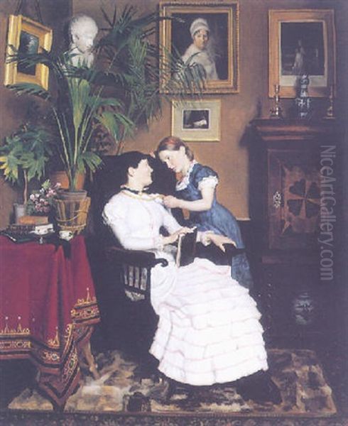 Two Ladies In An Interior Oil Painting by Thorolf (Frederik Paludan-Mueller) Petersen