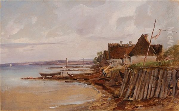 Coastal Scenery With Farmhouses Along The Shoreline Oil Painting by Vilhelm Peter Carl Petersen