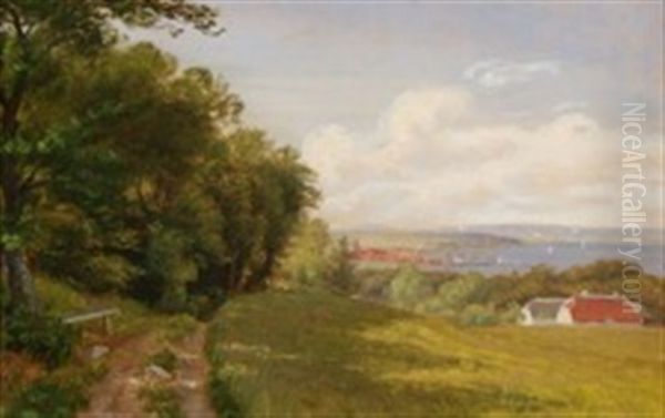 Fiord Landscape With A View To A City Oil Painting by Vilhelm Peter Carl Petersen