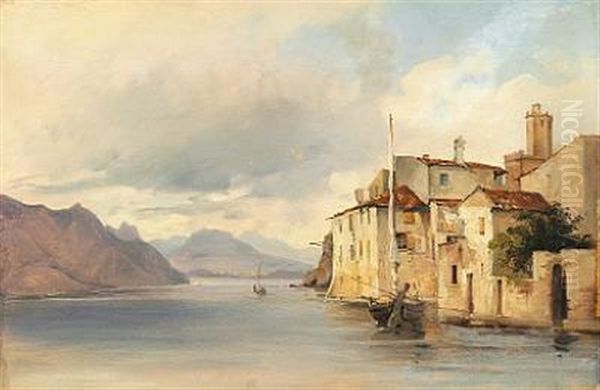 From Malcesine At Lake Garda With Houses And A Sailing Boat At Anchor Oil Painting by Vilhelm Peter Carl Petersen