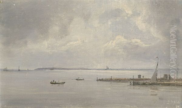 Aussicht Vom Hafen In Humlebaek (danemark) Auf Die Insel Hvn (schweden) Im Oresund Oil Painting by Vilhelm Peter Carl Petersen