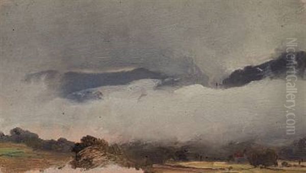 View Of A Mountainous Landscape Disappearing Into The Fog Oil Painting by Vilhelm Peter Carl Petersen