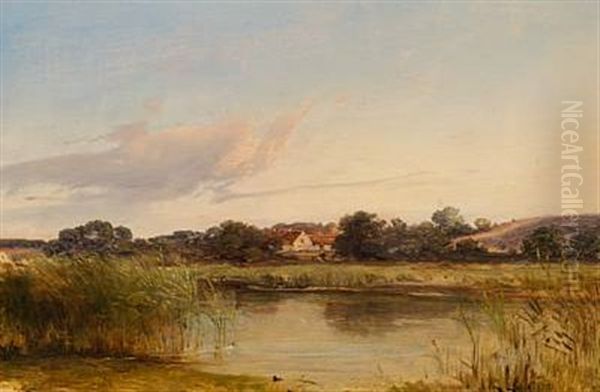 View Of A Lake, In The Background A House With A Thatched Roof Oil Painting by Vilhelm Peter Carl Petersen